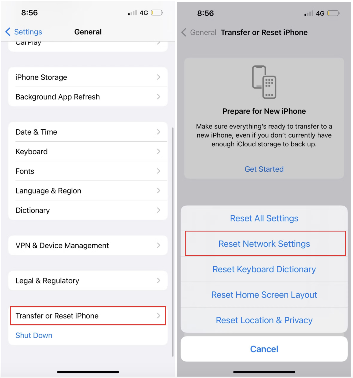 On your iPhone, go to Reset Network Settings